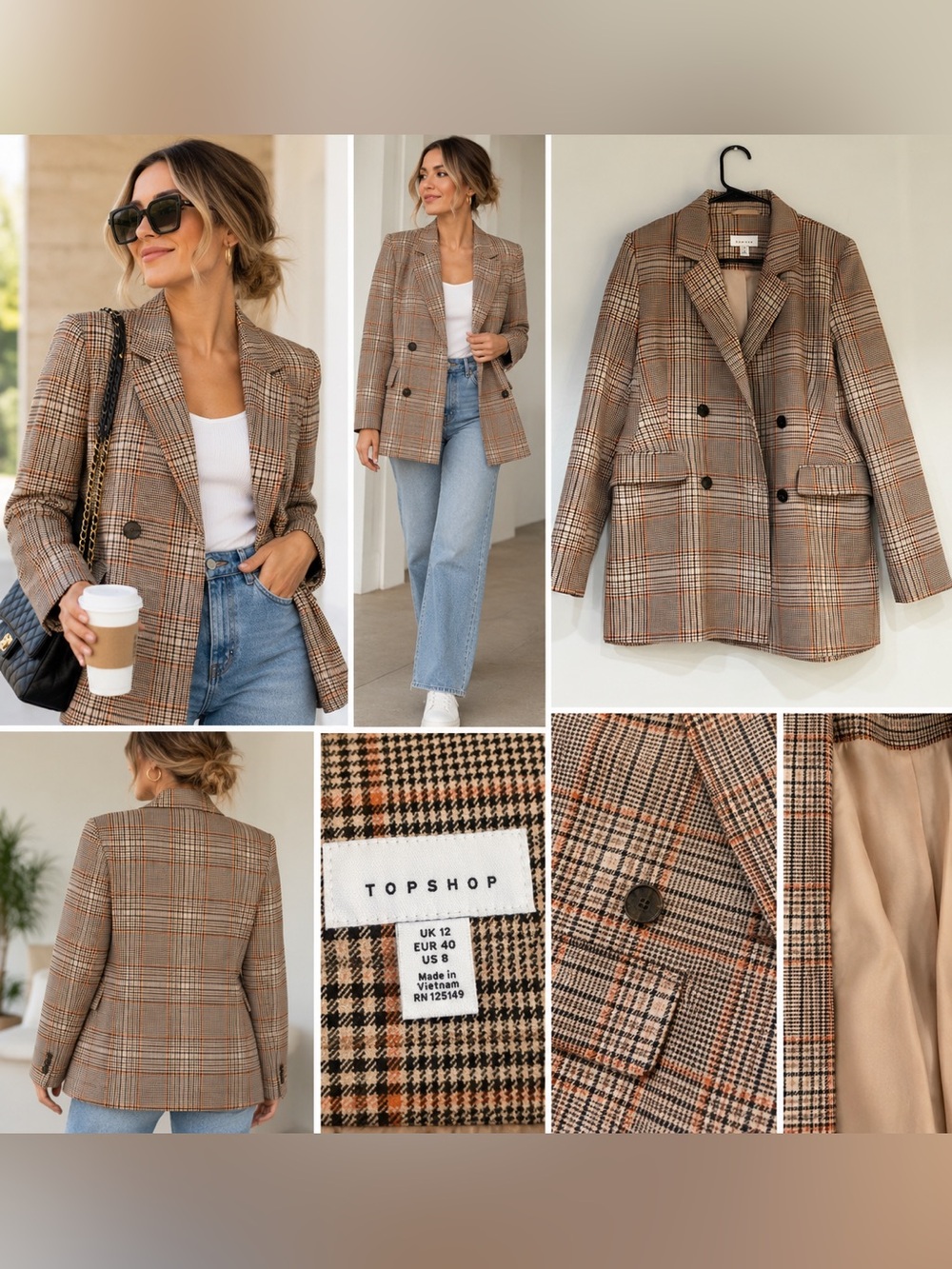 Topshop Plaid Double Breasted Oversized Blazer Jacket US 8